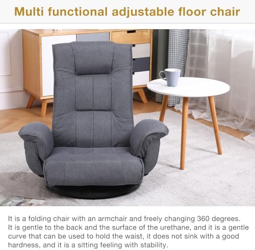 Ergonomic Swivel Floor Gaming Chair with Armrests & Side Pockets, 6-Position Reclining Sofa Bed, Foldable Padded Lounger with Thick Cushion & Lumbar Support for Esports, Reading, TV Watching, Grey