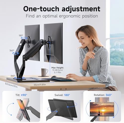 suptek Dual Monitor Mount Gas Spring Monitor Arm Desk Stand with Base,Free Standing Pneumatic Height Adjustable Monitor Stand for 17 to 34 inch,Holds up to 24.25 lbs,Black(ML8SPX)