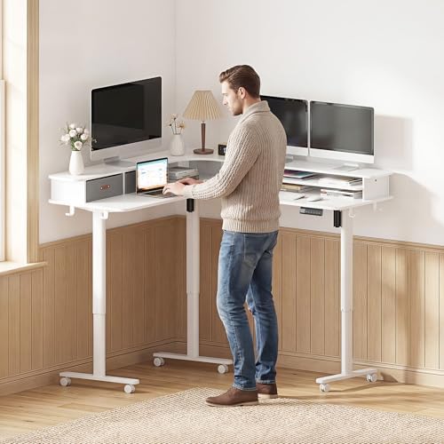 2-Tier L Shaped Electric Standing Desk with Drawers, 63 x 55 Height Adjustable Desk with Memory Controller, Storage, Ergonomic Corner Desk Sit Stand up Computer Table for Home Office, White