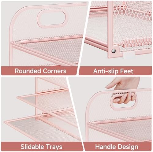 5-Tier Stackable Paper Organizer with Handle, Pink