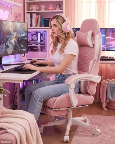LUCKRACER Gaming Chair with Footrest and Pocket Spring Cushion, 90°-155° Reclining Ergonomic Computer Chair, 4" Height Adjustable, Lumbar Support, SGS Class 3 Gas Lift, Pink