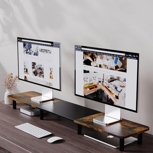 43.7" Extra Long Dual Monitor Stand Riser, Wood & Steel Monitor Stand for 2 Monitors, Wide TV Stand, Desktop Riser for Desk Organization, Home Office、Laptop,Printer,TV (Vintage black)