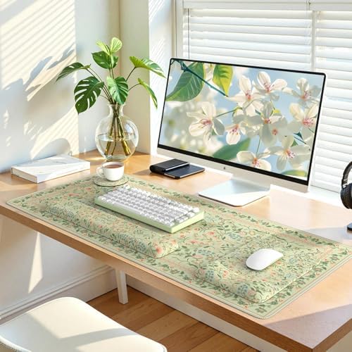 iLeadon Green Desk Mat Set, Keyboard with Wrist Rest and Mouse Pad