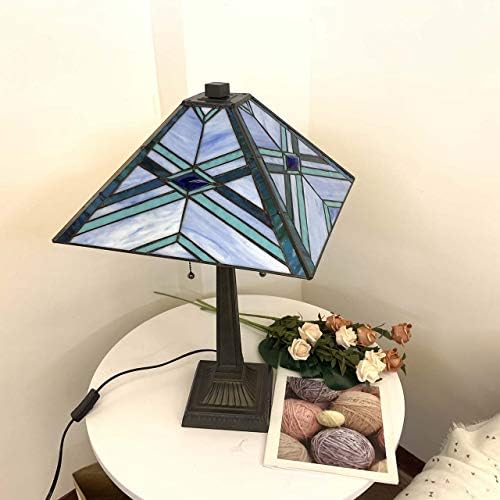 Bieye L10814 Mission Tiffany Style Stained Glass Table Lamp for Reading Working Decorating, 20" W x 22.5" H, Blue
