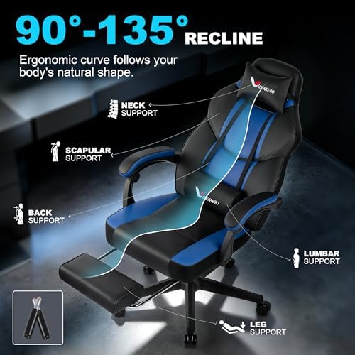 Blue Gaming Chair Big and Tall 400 lbs, Ergonomic Office Chair with Pocket Spring Cushion, Retractable Footrest, Adjustable Recliner, Heavy Duty Leather Office Chair