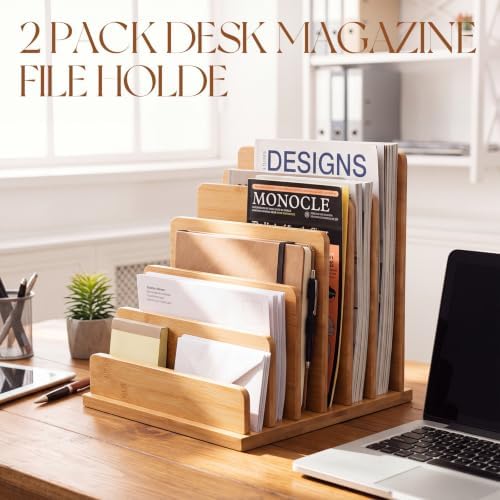 Gilprop 2 Pack 5 Slots Bamboo File Organizer, 7.9 × 7.78 × 9.5 Inches Desk Mail Organizer Countertop, Paper Letter Envelope Sorter Holder for Home Office Document Storage