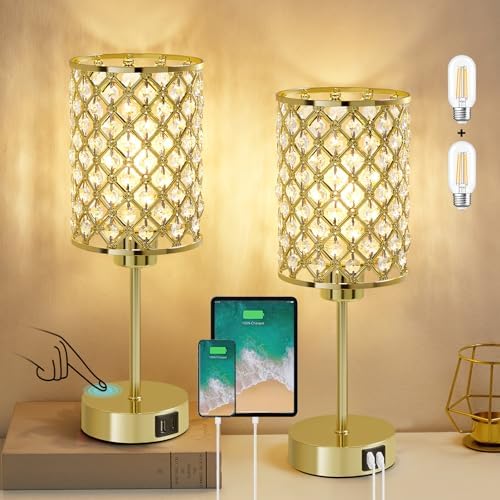 GyroVu Gold Crystal Bedside Table Lamps Set of 2 with USB C+A Ports