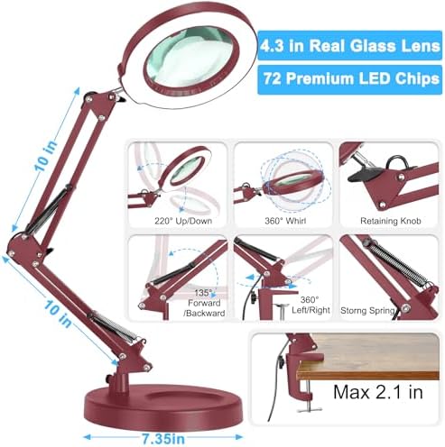 Coyeth 12X Magnifying Glass with Light and Stand, 5 Color Modes Stepless Dimmable 2-in-1 Lighted Magnifier with Clamp, LED Desk Lamp Hands Free for Crafts Hobby Reading Painting Sewing Close Work Red