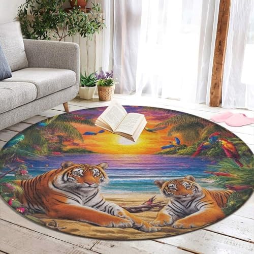 Large Round Area Rug Home Decor Modern Bathroom Rug Kitchen Office Circle Rug for Living Room Sofa Circle Cute Mat Tropical Tiger Animal World King Art, 36inch