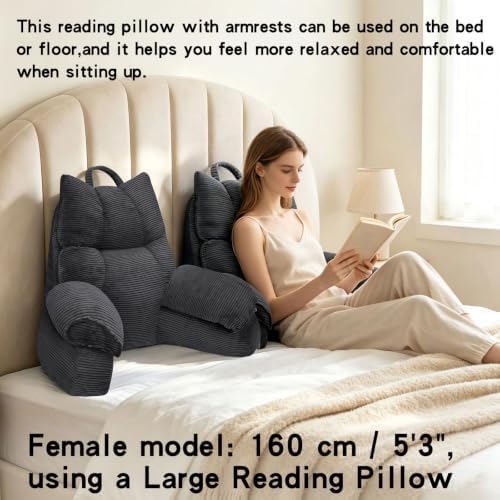 Reading Pillow for Bed with Arms, Back Support, Memory Foam（Grey Black）