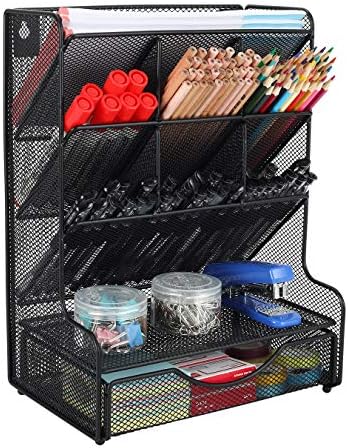 PAG-Mass Desk Organizer with Drawer Office Supplies and Accessories Storage Caddy Hanging Wall Shelf Metal Mesh Pencil Holder for Kids, 9 Compartments, Black