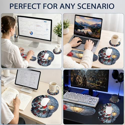 Cardinal Wrist Rest Mouse Pad and Keyboard Support Set,Berry Christmas 3 in 1 Ergonomic Memory Foam Mousepad with Non Slip Base, Gaming Mouse Pad for Office and Home