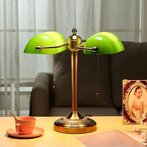 Green Double Head Glass Bankers Desk Lamp,Plug in