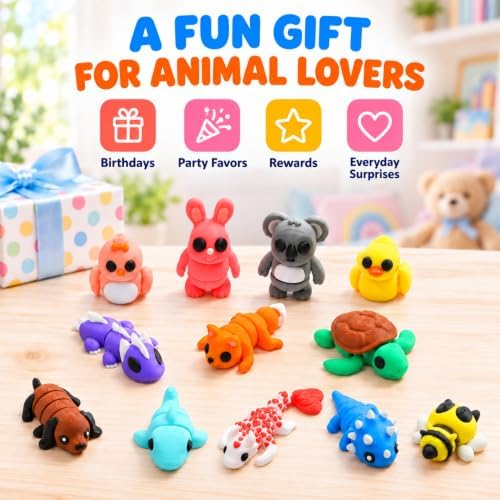 MONJITA 35 pcs Mini 3D Printed Animal Figurines, Flexible Articulated Fidget Toys, Cute Desk Decor, Party Favors, Goodie Bag Stuffers, Gifts for Kids Students Carnival Prizes Rewards (35pcs)