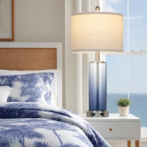 Ruzectt 26" Glass Table Lamp Single, 3-Way Dimmable Touch Control Living Room Lamp with USB C+A Ports & AC Outlet, Coastal Bedside Lamps, Bedroom Lamps for Nightstand Side End Table Desk, Blue-1PK