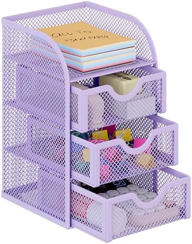 EasyPAG Mesh Desk Organizer with 3 Drawer Office Desktop Organizers and Accessories Stationery Caddy for Office, Home, Students, Purple
