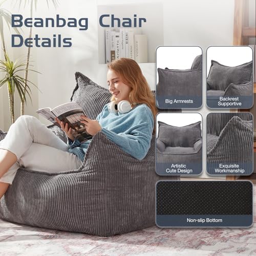 EBENCHICO Giant Bean Bag Chair for Adults, Corduroy Large Bean Bag Chairs for Teens with Armrests, Comfy Adult BeanBag Chair Sofa Couch with Filler Included for Bedroom Living Room