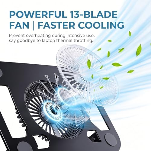 Adjustable Laptop Cooling Stand, 3-Speed Fan with RGB, 360° Rotating Base, Carbon Steel Foldable Laptop Riser, Ergonomic Height & Angle Adjustable Cooling Pad for Laptops & Tablets Up to 16” (Black)