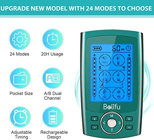 Belifu Dual Channel TENS EMS Unit 24 Modes Muscle Stimulator for Pain Relief Therapy, Electronic Pulse Massager Muscle Massager with 10 Pads, Dust-Proof Drawstring Storage Bag, Fastening Cable Ties