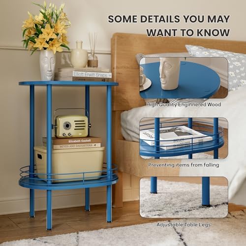 Small Oval Side Table with Storage, 2-Tier Blue End Table for Small Space