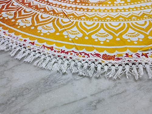 Round Beach Tapestry Turquoise Mandala Throw/Boho Hippie Beach Blanket Roundie/Indian Cotton Bohemian Large Round Table Cloth-Home Decor/Yoga Mat Meditation Picnic Rug (70", Yellow-Orange)