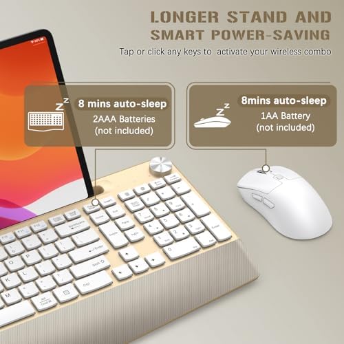 GAMCATZ Ergonomic Wireless Keyboard and Mouse with Wrist Rest，Phone Holder - 2.4GHz Full-Sized Low-Profile Quiet Gold Wireless Mouse and Keyboard Combo for Computer, Laptop, PC, Mac-Gold