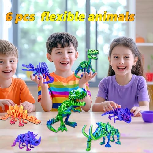 6pcs 3D Printed Dinosaur Skeletons, Flexible，Articulated T-Rex Fidget Toys,Large，3D Printed Animals,Desk Executive Toy，Easter Eggs Basket Stuffers,Toys for Boys Kids Teen Girl 5-7 4-6 8-12