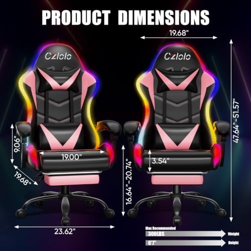 Czlolo Gaming Chair, RGB LED Lights Computer Chair with Footrest, Lumbar Support Massager Gamer Chair, High Back, 90-135° Reclining, Linkage Armrests, Pink