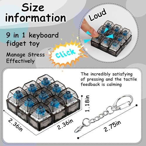 Keyboard Fidget Toy, Keyboard Fidget Keychain 9-in-1 Keyboard Decompression Button Finger Clicker Toys Stress Relief Fidget Gifts (Black)