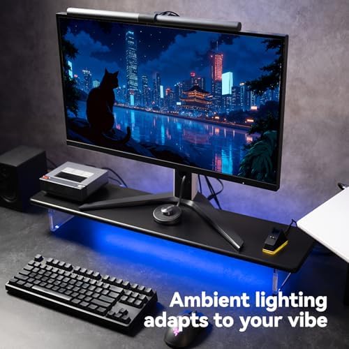 Bamboo Monitor Stand, Desk Shelf with Acrylic Legs and RGB Lights
