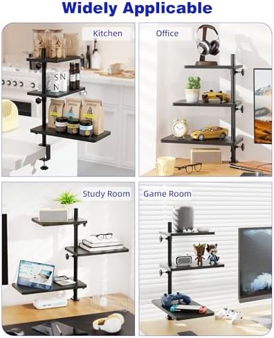 3 Tiers Clamp On Desk Shelf, 360° Angle Adjustable Desktop Shelf Organizer for Home Office Gaming Room, No Drill Desk Extender Adapt to 0.4-2.16 inches Table Thick, Black Brown