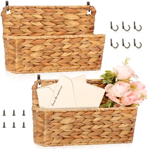 2 Pcs Woven Mail Holder Wall Mount Basket 9.25x1.57 Inch Rattan Wall Letter Holder Wicker Wall Basket Storage Water Hyacinth Hanging Storage Basket with Hooks for Mail Envelope Office