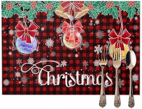 Balls Snowflake Placemats Set of 6, Xmas Plaid Decoration Washable Cotton Linen Table Mats for Kitchen Dining Table, Heat Insulation Place Mats for Indoor Outdoor Parties, Holiday Decorations