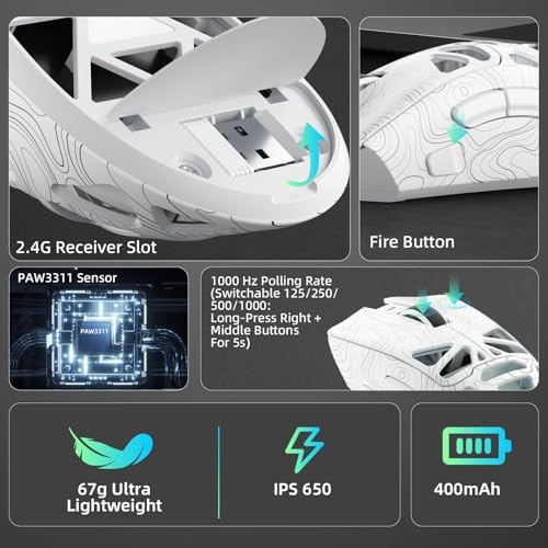 Aula SC620 Wireless Gaming Mouse, Tri-Mode 2.4GHz/USB-C/BT5.3 Computer Mouse with 12000 DPI, Programmable Macro Gamer Mouse with Rapid Fire Key, RGB Light Gaming Mice for PC/Laptop/Mac (Line White)