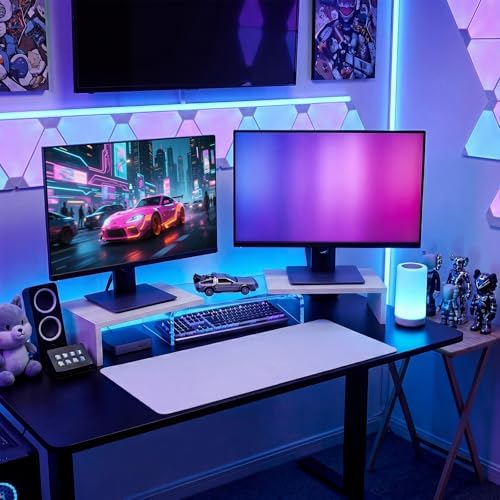 Dual Monitor Riser, Acrylic Monitor Riser, Adjustable Angle & Length Computer Monitor Stand, Wide Desk Shelf for Top of Desk for Home Office_White Maple Look Small
