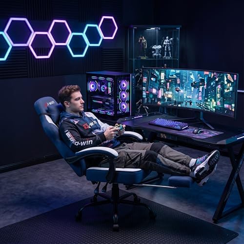 Shintenchi Big and Tall Gaming Chair Fabric Pocket Spring Cushion,High Back Recliner with Footrest and Headrest for Adults, Massage Lumbar Support for Home Office, Ergonomic Computer Desk Chair, Blue