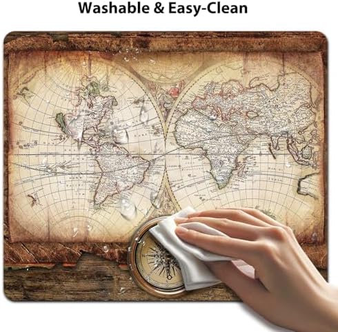 9.5x7.9 Inch Office/Gaming Mouse Pad, Nostalgic Vintage World Map & Brass Compass Antique Nautical Exploration, Cute Anti-Slip Mat for Desk Decor