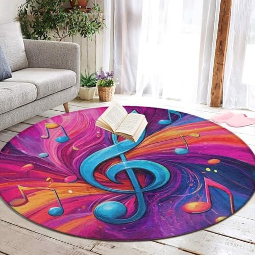 Machine Washable Modern Round Area Rug, Room Sofa Yoga Soft Round Carpet, Home Decor Non Slip Kitchen Office Circle Rug Abstract Music Notes Art, 36inch