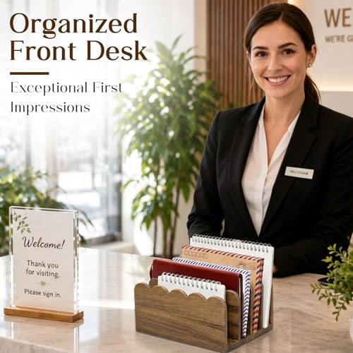 Novabright Acacia Wood Mail Organizer for Desk, 5 Slot Scalloped Letter Sorter, Vertical Countertop Mail Holder for Home Office Bill Envelope Document Organization, No Assembly Required