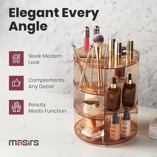 Masirs 360 Rotating Makeup Organizer Countertop, Adjustable Shelf, Brown