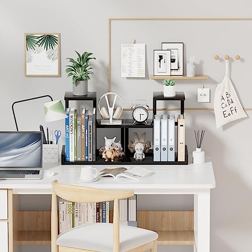 Gannyfer Desk Shelf Organizer - Wood Desktop Shelf, Freestanding Desk Hutch Office Decor, 3 Tier Storage Display Rack, Small Bookshelf with Metal Frame for Books/Plants/Toys (Black)