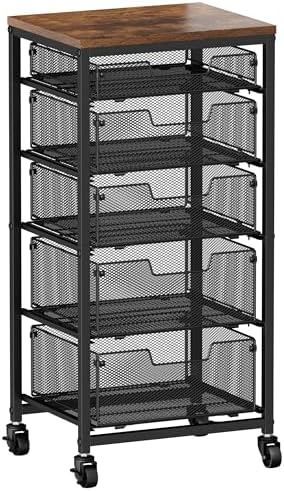 Rolling Cart with Drawers, 5-Drawer Storage Cart on Wheels with Vintage Wooden Top, Heavy Duty Metal Utility Cart, Mobile Craft Art Storage Cart for Kitchen, Bathroom, Office, Bedroom, Art Studio