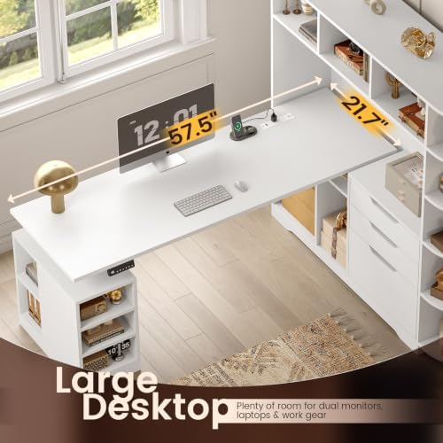 SEDETA 59" L Shaped Standing Desk with 3 Drawers Storage and Bookshelves