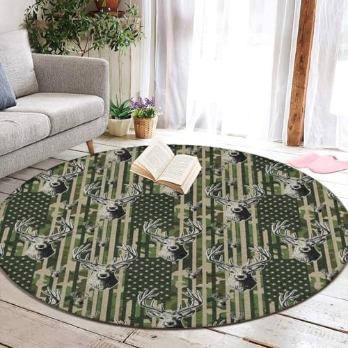Soft Round Yoga Carpet, Office Chair Decor Round Mat for Carpet and Hardwood Floors American Flag Camouflage Hunting Deer Camo, 24inch