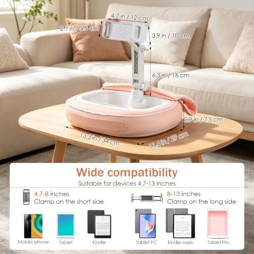 Tablet Pillow Holder with Snack Bowl, Adjustable Lap Laptop Stand, Soft Plush Bed Pillow, 360° Rotating Detachable Support Arm, Compatible with 4.7-16.1", Phone, Tablet, Pink