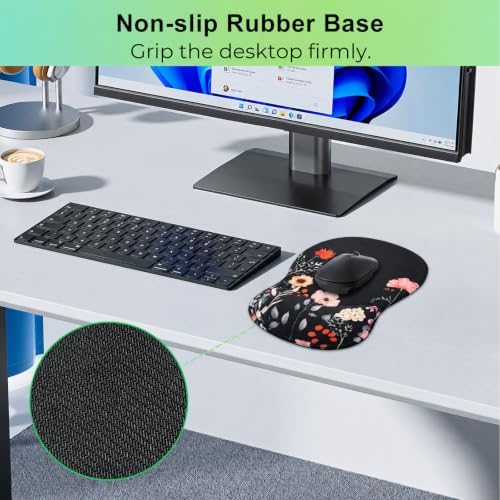 Mouse Pad with Wrist Rest Ergonomic Memory Foam Support, Non-Slip Rubber Base, Comfortable Typing Cushion for Home Office Computer Laptop, Flower Black