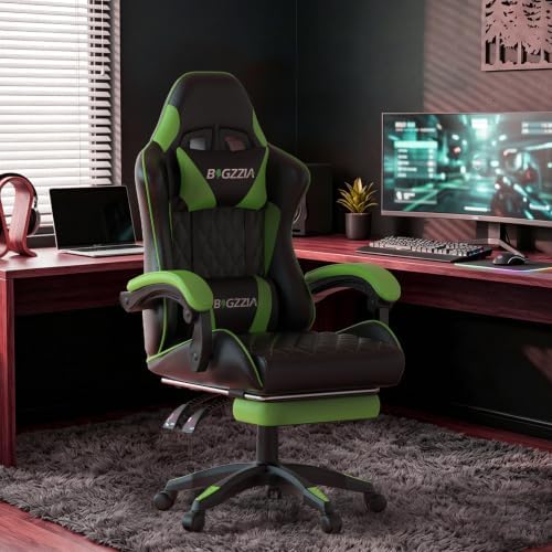 Bigzzia Gaming Chair with Footrest, Comfortable Gamer Chairs Green