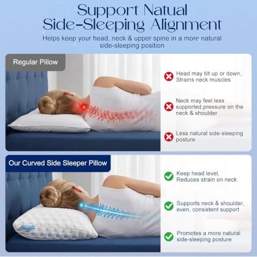 Side Sleeper Pillows for Neck & Shoulder Comfort - Ergonomic Curved Crescent Design, Adjustable Shredded Memory Foam, Cooling & Soft Cover, Extra Fill Included, Queen Size