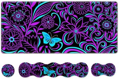ARTSO Purple Desk Mat, Large Gaming Mouse Pad with Wrist Rest, Flower Butterfly XXL Mousepad+Keyboard Wrist Rest+Mouse Pad Wrist Support+Coaster Set for Home Office Accessories
