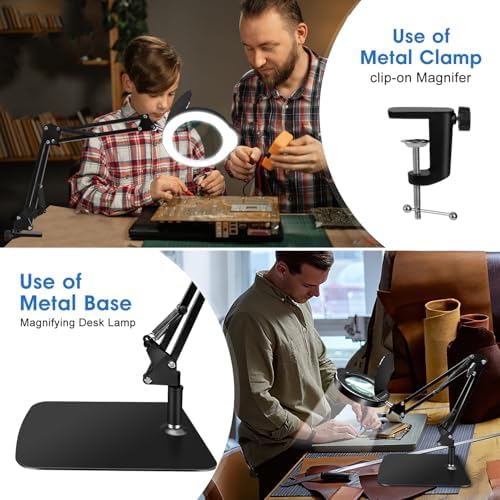 15X HD Magnifying Glass with Light, Hands-Free Desk Magnifier with 2-in-1 Base & Clamp, Adjustable Swing Arm, 5 Color Modes, 10 Brightness Levels for Reading, Crafts, Sewing & Nail Art